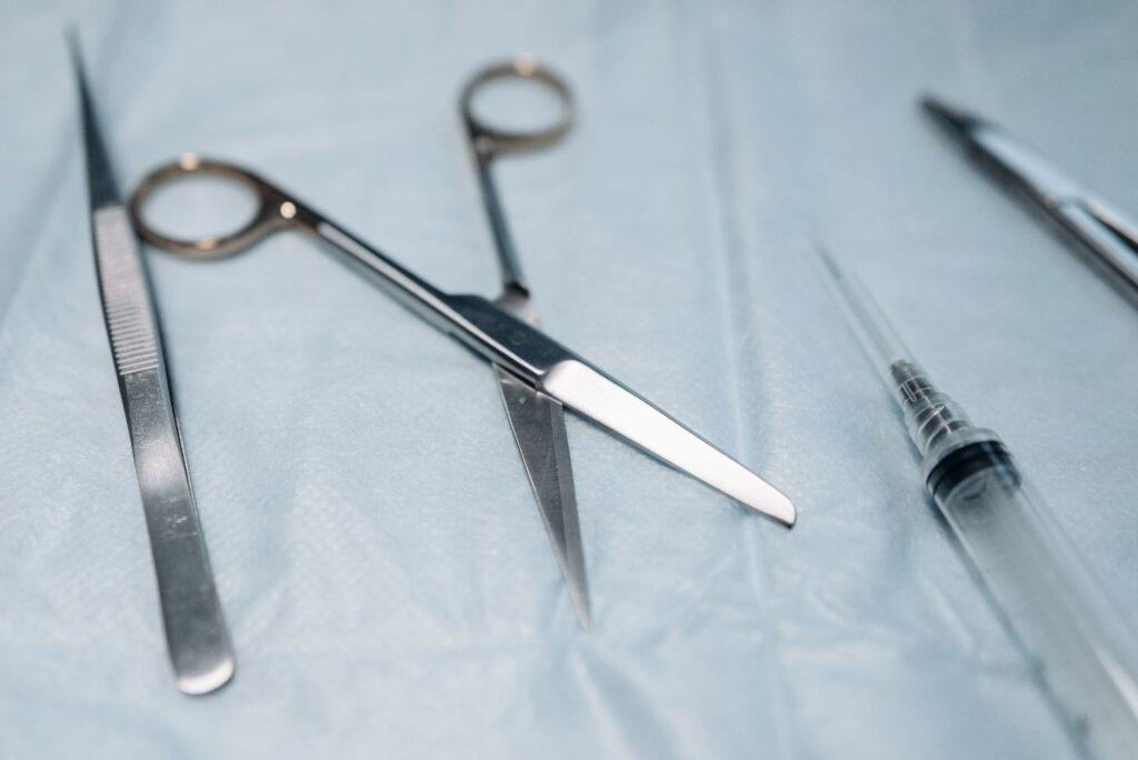 Sterile surgical instruments and equipment prepared for veterinary procedure