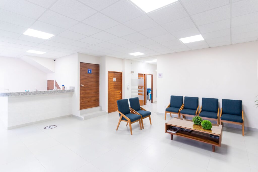 Bright, welcoming waiting area in a modern veterinary practice